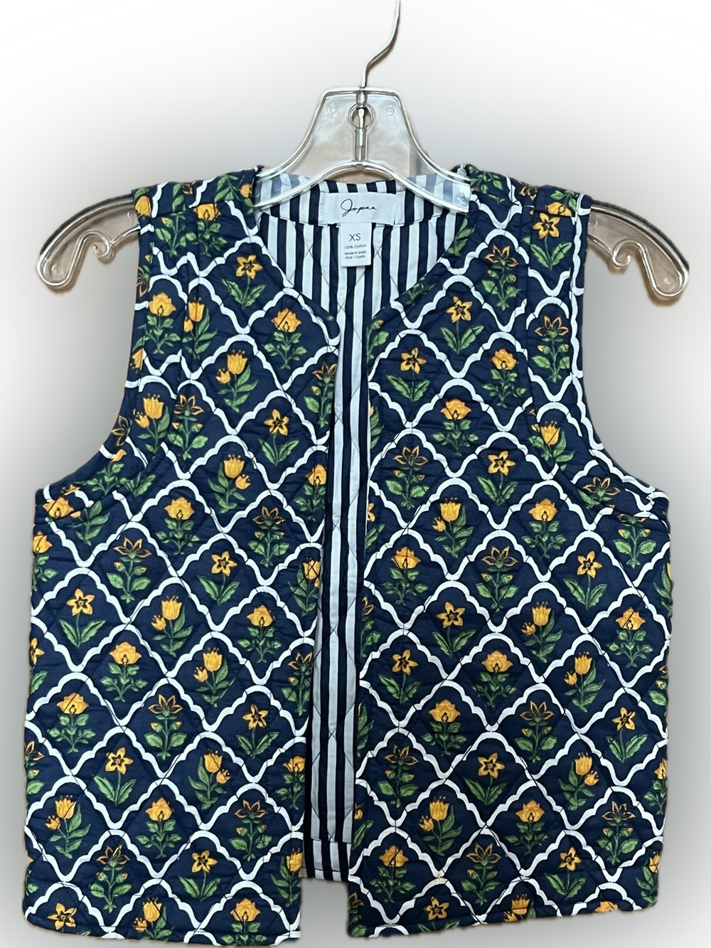 Japna Navy Striped Quilted Vest with Yellow Floral Accents